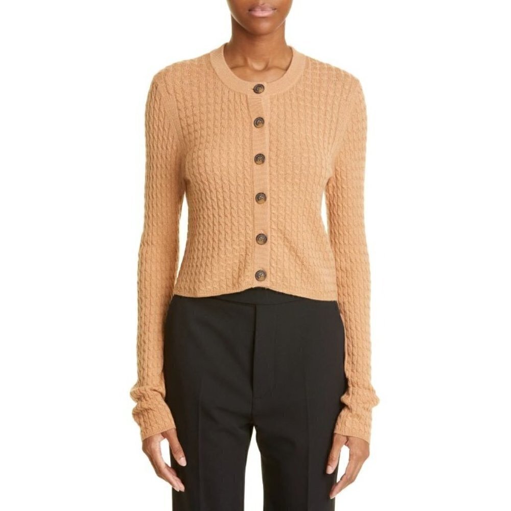 Loulou Studio Mati Wool Cashmere Cable-Knit Button Front Cardigan Beige Size S